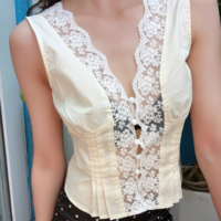 Lace V-neck single-breasted sleeveless waist shirt top - Thumbnail 5