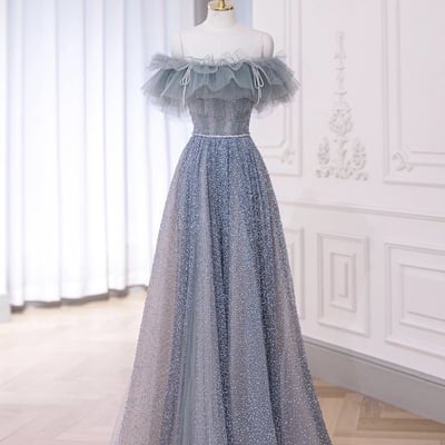 Blue tulle long prom party dress, off the shoulder a-line party dress - Thumbnail 1