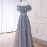 Blue Tulle Long Prom Party Dress, Off the Shoulder A-Line Party Dress - Thumbnail 1