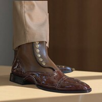 Men's Handmade Black Leather Suede Button Boot - Thumbnail 1