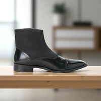 Men's Handmade Black Leather Suede Button Boot - Thumbnail 6