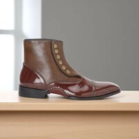 Men's Handmade Black Leather Suede Button Boot - Thumbnail 3