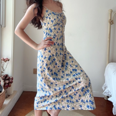 Tea break butterfly print waist slimming beautiful sexy suspender dress