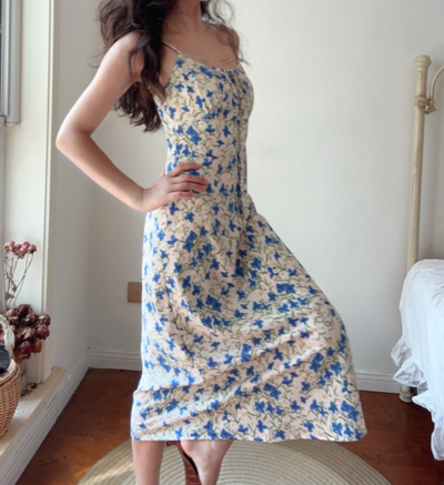 Tea break butterfly print waist slimming beautiful sexy suspender dress