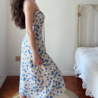 Tea break butterfly print waist slimming beautiful sexy suspender dress - Thumbnail 1