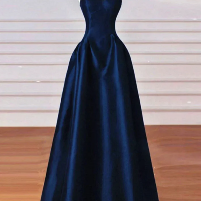 A-line floor length navy blue satin straps long formal prom dress  - Thumbnail 2