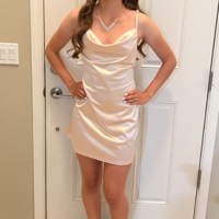 Simple Cowl Neck Champagne Satin Short Homecoming Dress - Thumbnail 1