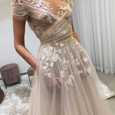 Light champagne tulle lace beach wedding dress - Thumbnail 2