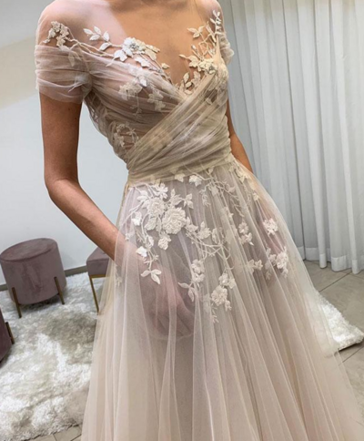 Light Champagne Tulle Lace Beach Wedding Dress