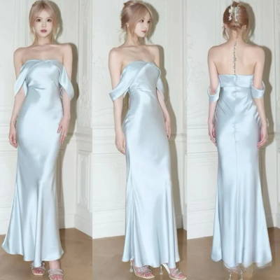 Floor-length off the shoulder sleeveless light sky blue prom dresses - Thumbnail 2