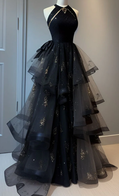 Retro A Line Scoop Neckline Black Tulle Party Dresses