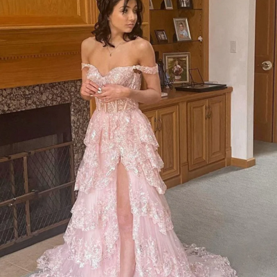 Pretty off the shoulder pink lace slit long formal prom dresses - Thumbnail 2
