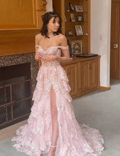 Pretty Off The Shoulder Pink Lace Slit Long Formal Prom Dresses