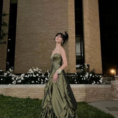 Ball gown retro strapless green ruffles satin long party dresses - Thumbnail 1