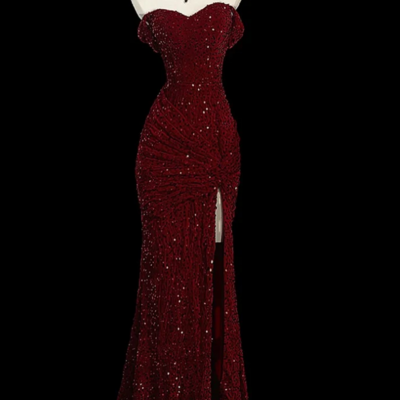 Classy mermaid sweetheart red slit sequin evening dress - Thumbnail 2