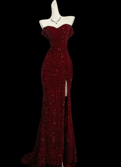Classy Mermaid Sweetheart Red Slit Sequin Evening Dress