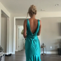 Charming A line V Neck Blue Satin Sleeveless Long Prom Dresses - Thumbnail 1