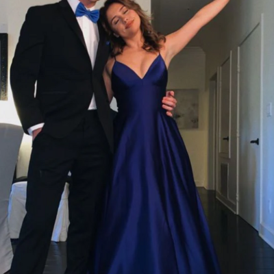 Spaghetti straps v neck navy blue stain prom dresses for party