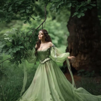 Charming Green Tulle Long Puffy Sleeves Prom Dress - Thumbnail 1