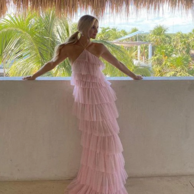 Halter pink tulle prom dresses 18th birthday dress