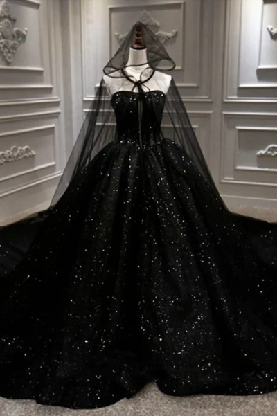 Mermaid Shiny Strapless Black Sequin Princess Prom Dresses