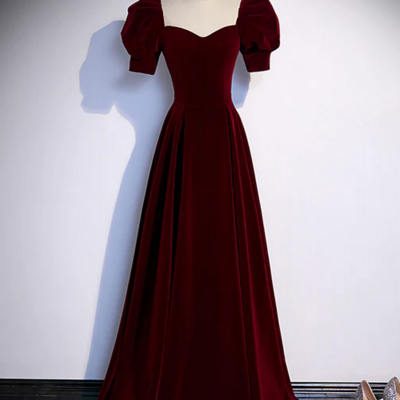 Vintage short sleeve burgundy velvet long prom dress