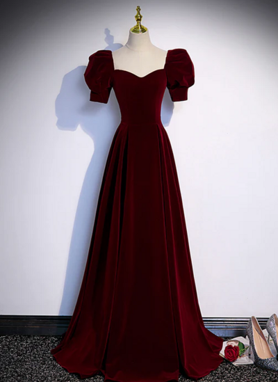 Vintage Short Sleeve Burgundy Velvet Long Prom Dress