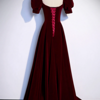 Vintage Short Sleeve Burgundy Velvet Long Prom Dress - Thumbnail 1