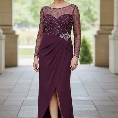 Burgundy sheath chiffon beading mother of the bride/ groom dresses formal evening dress