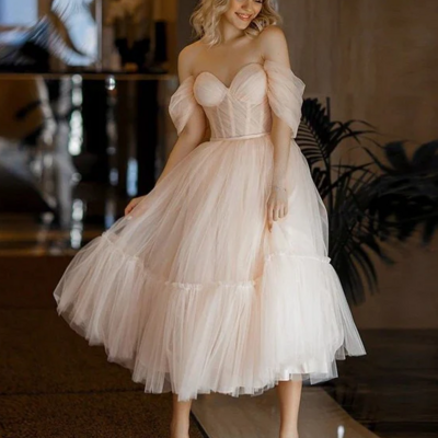 Gorgeous a line pink tulle tea length prom dresses - Thumbnail 1