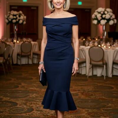 Elegant sheath navy blue ankle-length mother of the bride/ groom dresses formal evening dress