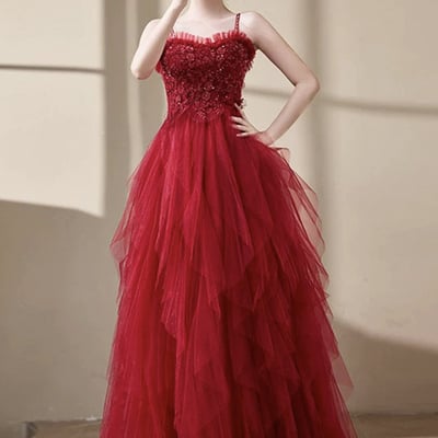 Red spaghetti strap tulle long a-line prom party dress - Thumbnail 1