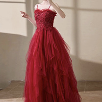 Red Spaghetti Strap Tulle Long A-Line Prom Party Dress - Thumbnail 1