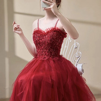 Red Spaghetti Strap Tulle Long A-Line Prom Party Dress - Thumbnail 2