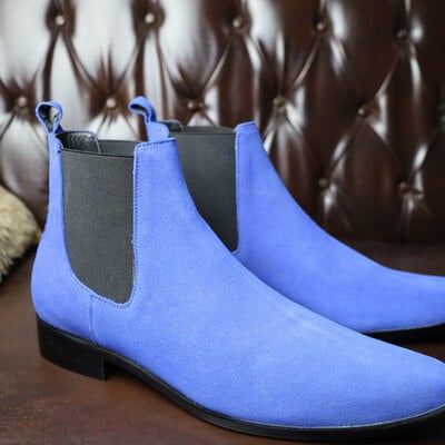Crafted leather handmade men blue suede leather chelsea dress boot