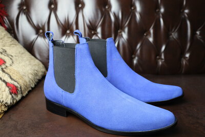 Crafted Leather Handmade Men Blue Suede Leather Chelsea Dress Boot