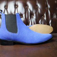 Crafted Leather Handmade Men Blue Suede Leather Chelsea Dress Boot - Thumbnail 2
