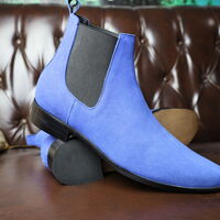 Crafted Leather Handmade Men Blue Suede Leather Chelsea Dress Boot - Thumbnail 3
