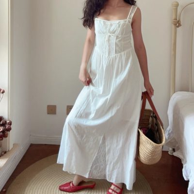 Lace stitching sexy suspender dress waist pleated backless tube top long skirt