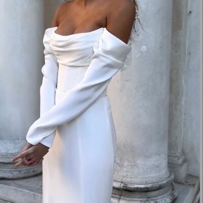 Off the shoulder wedding dress, long sleeve beach boho bridal dress bridal gown