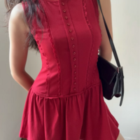 Casual single-breasted slim-fit lace trim sleeveless dress - Thumbnail 2