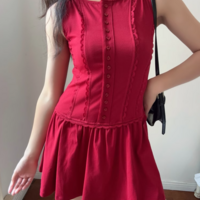 Casual single-breasted slim-fit lace trim sleeveless dress - Thumbnail 4