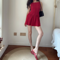 Casual single-breasted slim-fit lace trim sleeveless dress - Thumbnail 1