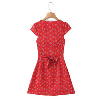 Retro style holiday casual print waist tie V-neck short sleeve dress - Thumbnail 1