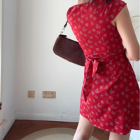 Retro style holiday casual print waist tie V-neck short sleeve dress - Thumbnail 2