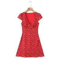 Retro style holiday casual print waist tie V-neck short sleeve dress - Thumbnail 3