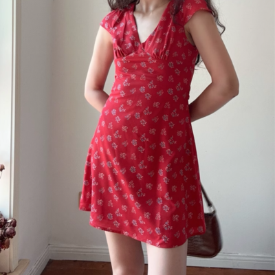 Retro style holiday casual print waist tie v-neck short sleeve dress