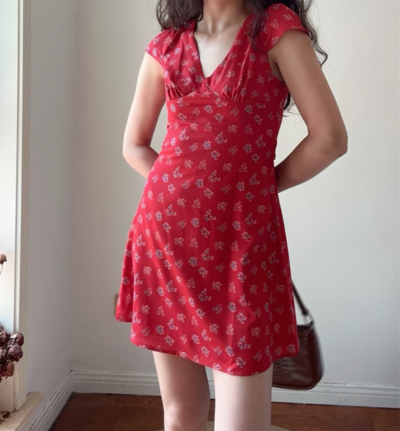 Retro style holiday casual print waist tie V-neck short sleeve dress