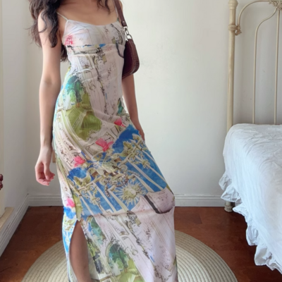 Printed chic elastic mesh long dress sexy slim backless slit suspender skirt