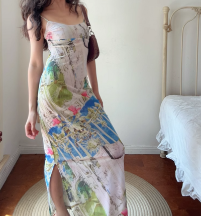 Printed chic elastic mesh long dress sexy slim backless slit suspender skirt